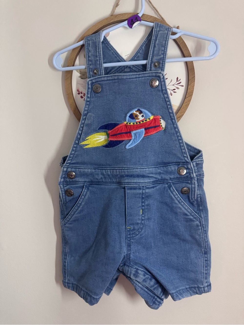 Baby boden Kids Denim Short Overalls with Rocket Embroidery 18-24 nwt